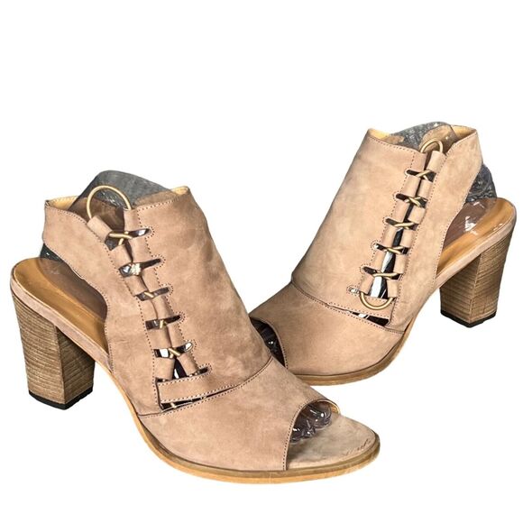 Fabianelli Heeled Booties US 10.5 Tan Suede Leather Peep Toe Shoes Boho Western - Picture 1 of 13